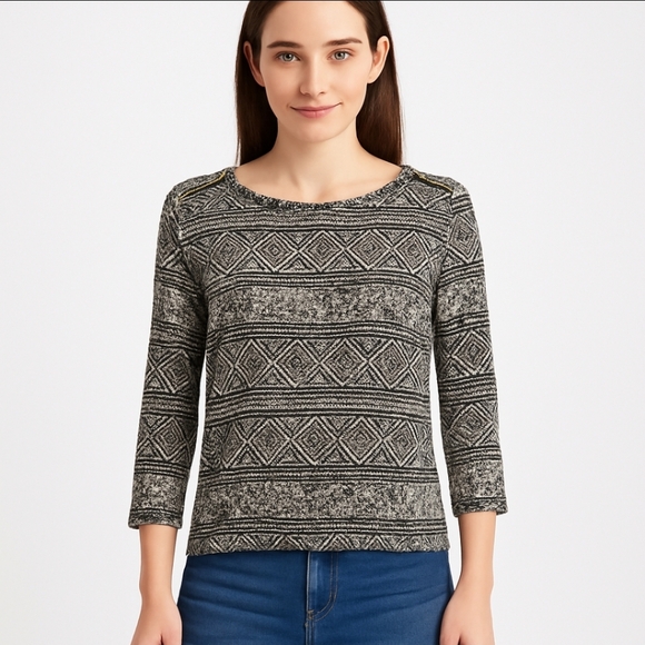 Rafaella Black Cream Tribal Patterned Top With Gold Zipped Boat Neck Sz PM - Picture 1 of 10